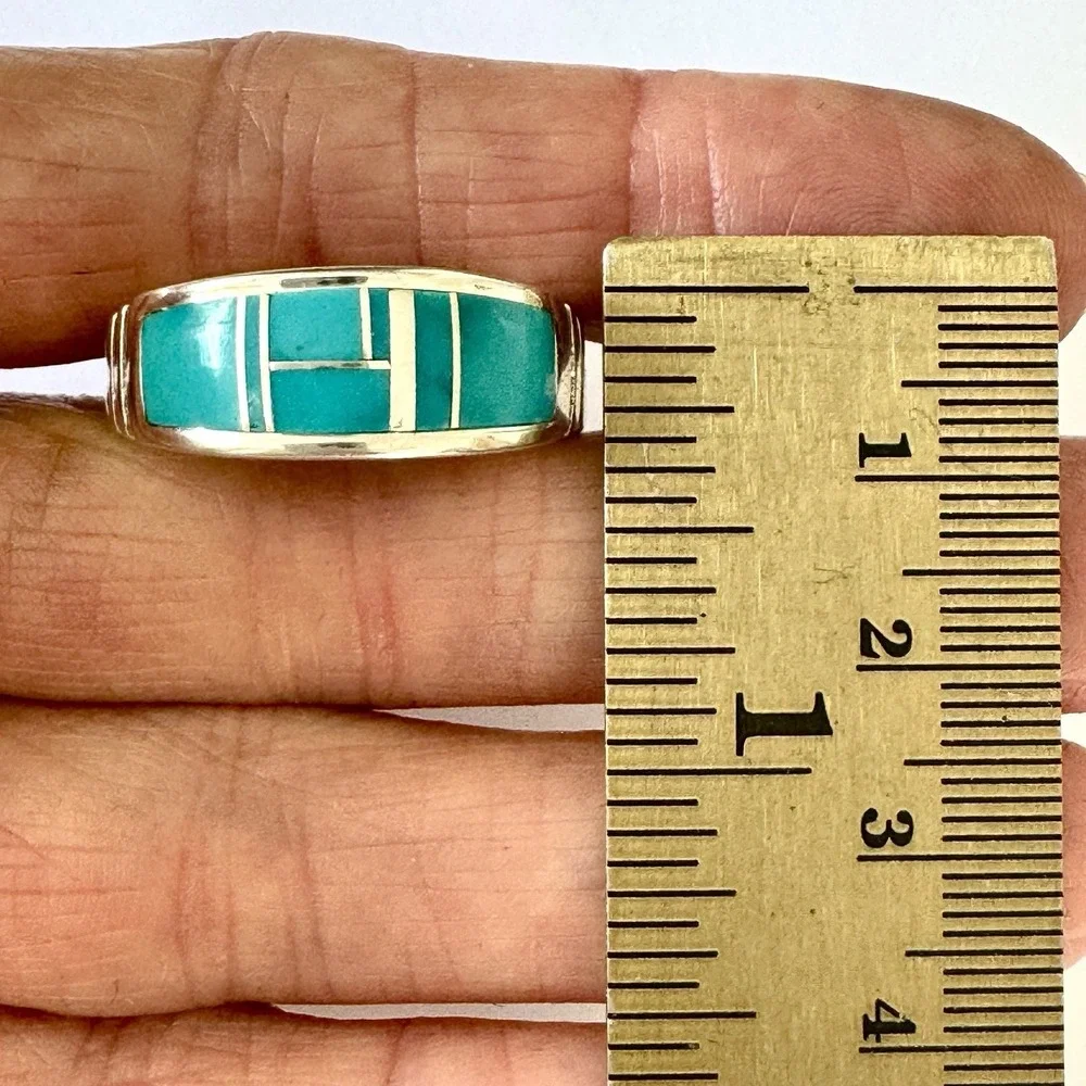 Mens‎ Navajo Wedding Band 12.5 Ring Turquoise 9mm Inlay Signed Tolino Native